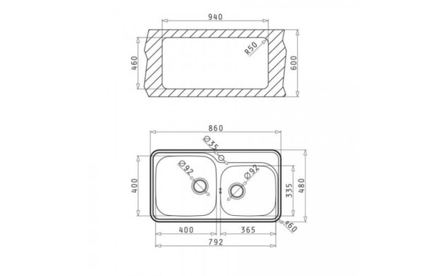 Двукоритна мивка PYRAMIS SPACE PLUS (96x48) 2B