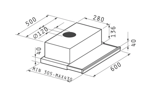 Pyramis NN1 SU 30L (60 см) – телескопичен аспиратор, 460 м³/ч, 61–63 dB, 2×95 W, LED